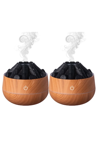2 Adet Şömine Tasarımlı Usb Lı Led Aydınlatmalı Hava Nemlendirici,aromaterapik Hava Difüzörü,buhurdanlık,,sis Spreyli Gece Lambası, 300 Ml 10x10x10,3cm Açık Kahverengi