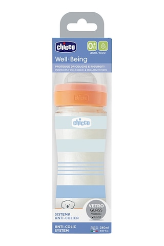 Chicco Wellbeing Yavaş Akış Mavi Cam Biberon 240 Ml 0+ Ay CHI-2872120000