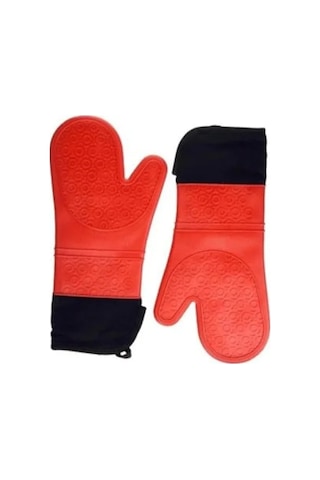 Kırmızı Silikon Yanmaz Mutfak Eldiveni - Isı Yalıtımlı 35 Cm 3 Lü Eldiven