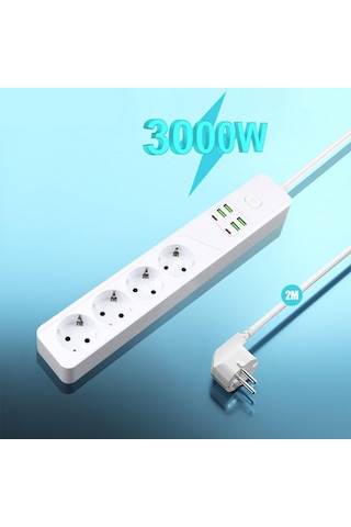 H-02 Termal Akım Korumalı 3000 W 10 Amper 4'lü Priz 2 Metre