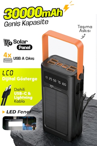 7go Gpw-03 30.000mah Solar Powerbank 4xusb-a, Qualcomm 3.0 Hızlı Şarj, Dahili Lightning & Usb-c Ka Siyah