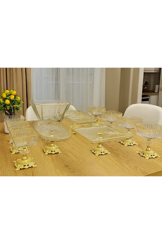 Elta Collection 10 Parca Gold Metal Ayaklı Pasta - Salata - Tatlı - Kase Ve Servis Sunum Seti Gold
