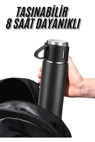 Mey İthalat Termos Seti 3'lü Bardak Seti Isı Dayanıklı Siyah Paslanmaz Çelik Vakumlu Çok Renkli