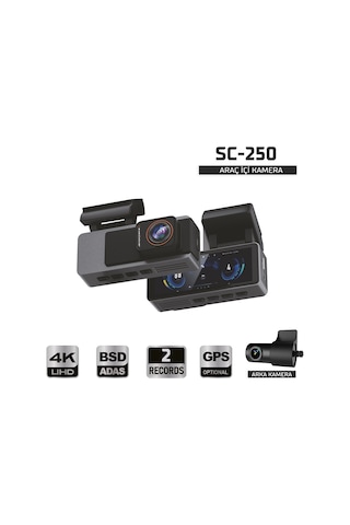 Kayıt Cihazı 4k 3.2'' Ekran 2 Kameralı Araç İçi Kamera Sc-250