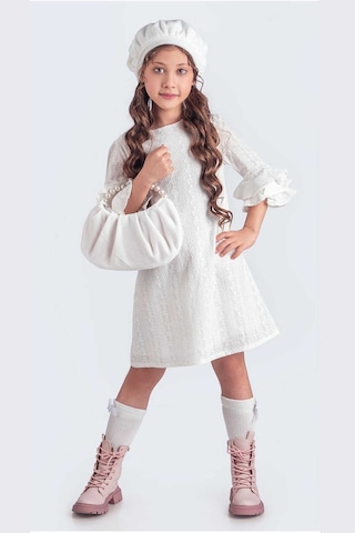 Beyaz Valon Kesim Şapkalı-çantalı Elbise Beyaz