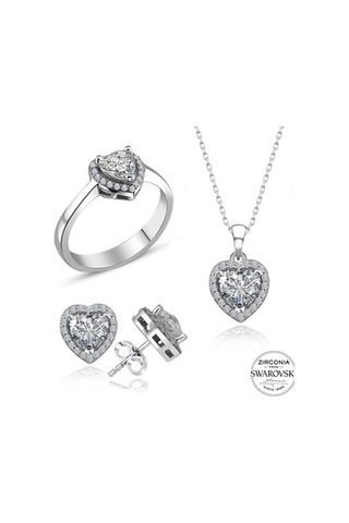 Sertifikalı Swarovski Taşlı Kalp Tektaş 925 Gümüş Set Takım