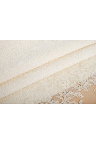 Finezza Roza Pamuk Taş işlemeli Dantel keseli Kreme Bej Havlu 50x90 cm  - 1379 KREM - BEJ