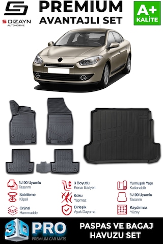 S-dizayn Renault Fluence 3d Pro Havuzlu Paspas Ve Bagaj Havuzu Seti 2'li Set 2010-2016 A+ Kalite