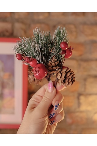 Kokina Yılbaşı Çiçeği, Yapay Çam Kozalaklı Kiraz Demeti, Dekoratif Yeniyıl Süsü, 13 Cm - 12li Set