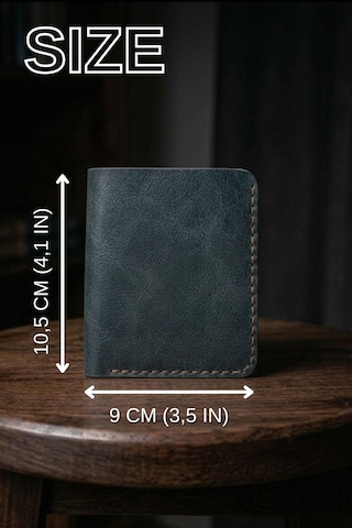 Huggy Craft Hakiki Deri Mini Petrol Yeşili Cüzdan Minimalist Katlanır Tasarım El Yapımı Kartlık Antrasit - Yeşil