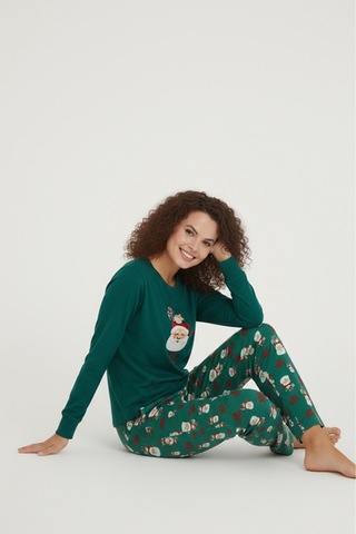 Luxury Thermal Noel Baba Desenli Kadın Polar Kışlık Pijama Takımı 42060 Yeşil