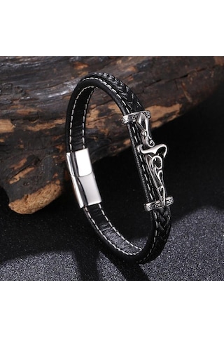 Punk Paslanmaz Çelik Örgülü Erkek Deri Bileklik Erkek Deri İp Eklemli Titanyum Çelik Bileklik Siyah