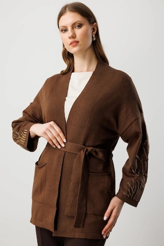 On Fashion Kadın Kolları Taşlı Kuşaklı Triko Kahverengi Hırka 60902 Kahve