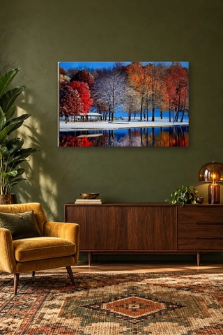 Fida Karla Örtülü Göl Kıyısında Kızıl Ağaçlar Canvas Tablo Çok Renkli