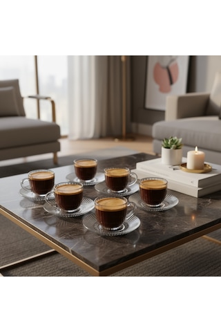 Assa Bazaar Lüks Desenli Cam Espresso / Kahve Fincanı Seti 6 Lı Beyaz