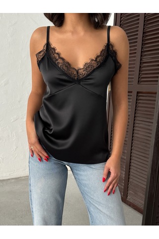 Verymoda Dantel Detaylı Saten Atlet - D2929 Siyah