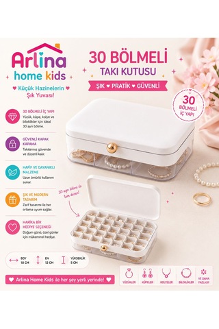 30 Bölmeli Beyaztakı Kutusu Düzenleyici Seyahat Çantası Kolye Yüzük Küpe Organizer 18cmx12,5cm Beyaz