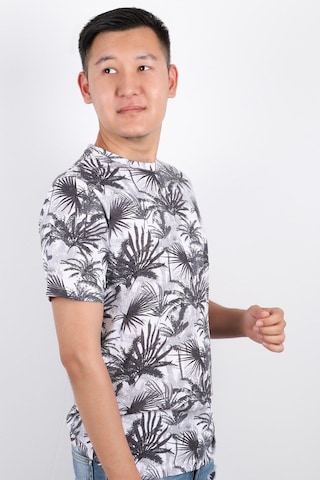 Rich Erkek Bisiklet Yaka Baskılı T-shirt %100 Pamuk Tişört Gri