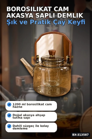 Borosilikat Cam Demlik 1200 Ml Akasya Saplı Süzgeçli Bulaşık Makinesinde Yıkanabilir Bx-313587 çok renkli