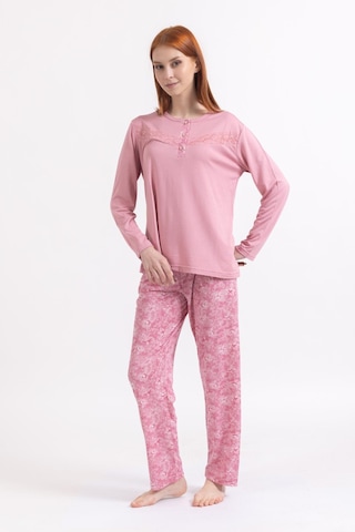 Kadın Dört Mevsim Dantel Desenli Melisa Kumaş Yüksek Kalite Yuvarlak Yaka Pijama Takımı 1361-Pudra