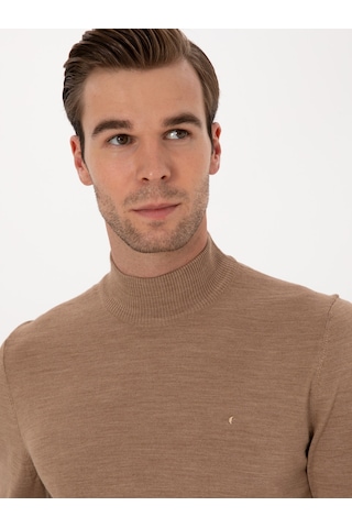 Cacharel Camel Slim Fit Yün Karışımlı Yarım Balıkçı Basic Triko Kazak Kahverengi