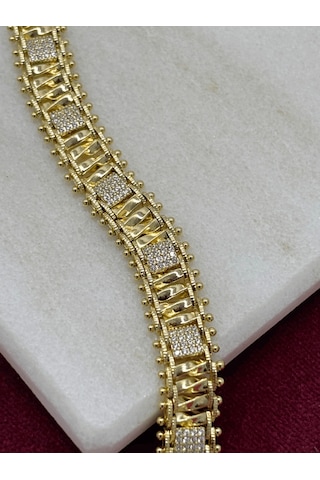 Silver Kare Taşlı Gold Örme Model Bileklik Gold