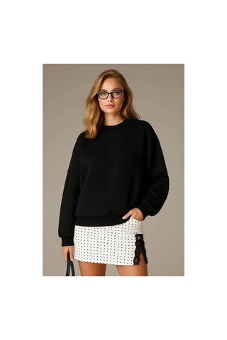Fashion Friends Oversize Bisiklet Yaka Siyah Kadın Sweatshirt 25k0141k1