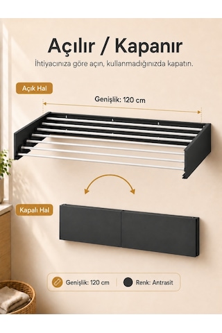 Çamaşır Kurutma Askısı Katlanır Duvara Monte Balkon Banyo Askılık Duvar Tipi Yer Tasarruflu Çamaşırlık 120 Cm Belize Antrasit