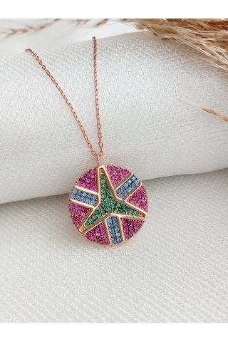 Gümüş Yeşil Mavi Pembe Zirkon Taş Barış Peace Madalyon Kolye