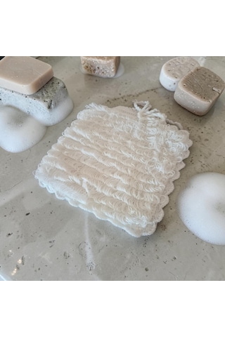 El Yapımı Beyaz Orlon Püsküllü Eldiven Banyo Lifi