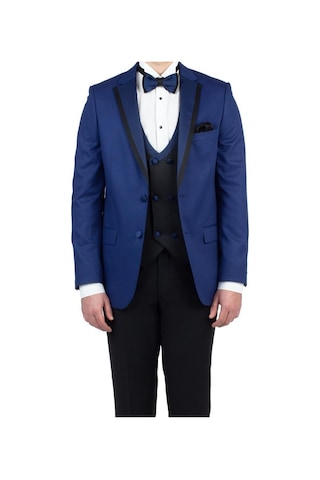 Lacivert Gabardin Mono Yaka Astarlı Yelekli 6 Drop Slim Fit Dar Kesim Smokin Damatlık 1001190153-Lacivert