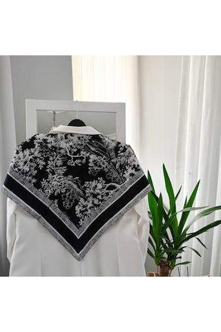 Lente Aksesuar Kadın Premium Desenli Boyun Çanta Ve Saç Fuları 70x70 Cm Siyah Beyaz Ağaç