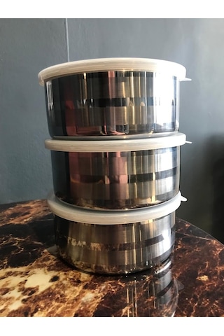 3'lü Paslanmaz Çelik Saklama Kabı 14 CM Gri