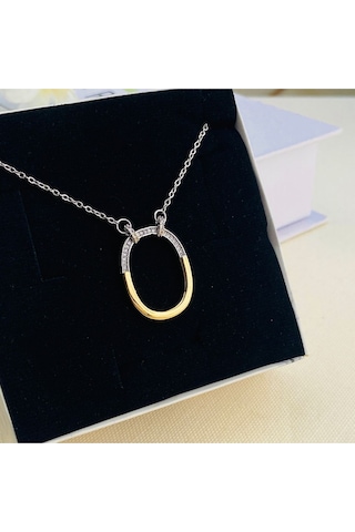 Halka Kolye Çift Renk Zirkon Taşlı Kadın Kolye 45cm Gold - Gümüş