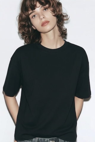 Feg Store %65 Pamuk Kadın Oversize Siyah Fit Bisiklet Yaka T-shirt