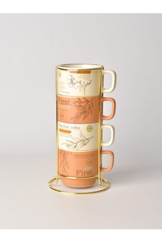 Gold Metal Standlı Dörtlü Porselen Kupa Espresso Fincanı 200 Ml Çok Renkli