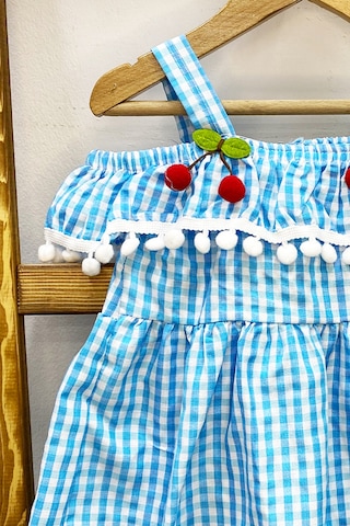 Kız Çocuk Askılı Elbise Dantelli Ekose Desenli B14 Mavi