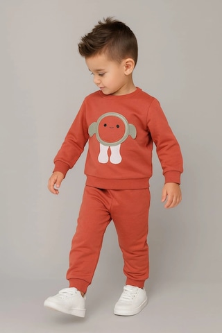 Erkek Çocuk Nakışlı İki Parça Eşofman Takımı %100 Pamuk Kiremit