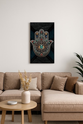 Hamsa El Ve Nazar Göz Tasarımlı Dekoratif Cam Tablo