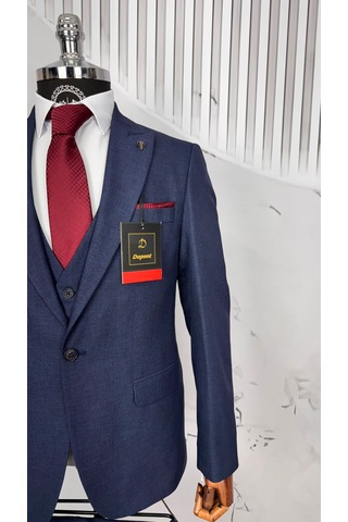 Dupont Classics Dupont Erkek Slim Fit Yelekli Takım Elbise 6 Drop Çift Yırtmaç Koyu Lacivert