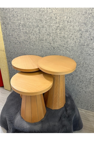 Kayın Kaplamalı Mdf Mantar Sehpa 3 Lü Set