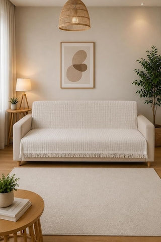 Çift Taraflı Buldan Dokuma Pamuklu Koltuk Örtüsü 170x210 Cm Çekyat Örtüsü Geometrik Desenli Koltuk Şalı - Ekru Diğer