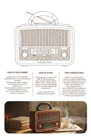 Retro Görünümlü Bluetooth Radyo Fm/am/sw Hoparlör Usb Tf Müzik Çalar Tws Destekli Nostaljik Radyo