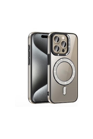 Apple Uyumlu iPhone 15 Pro Kılıf Pırlanta Taş Tasarımlı M-safe Şarj Özellikli Karetta Silikon Kılıf Siyah