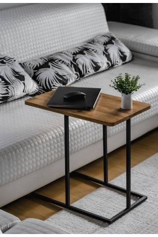 Metal Yan Sehpa Ahşap Raflı Koltuk Yanı Servis Sehpası C Sehpa