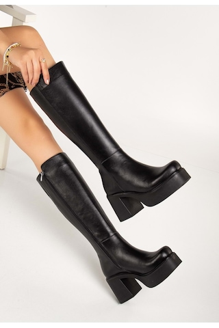 Analin Shoes Kadın Hakiki Deri Kalın Tabanlı Topuklu Çizme Siyah