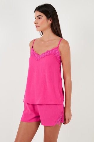 Lela Dantelli V Yaka Ip Askılı Mini Şortlu Bayan Pijama Takımı 6110300 Fuşya