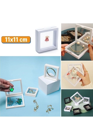 11x11cm Standlı 3d Takı Ziynet Hatıra Koleksiyon Saklama Kutusu Şeffaf Film Çerçevesi Beyaz