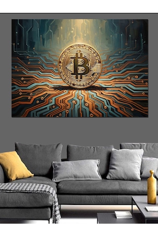 Ahşap Tablo Dev Bitcoin Logosu Ve Devreler