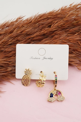 Kadın Kararmaz Gökkuşağı Detaylı Zirkon Küpe Set Altın-M Altın